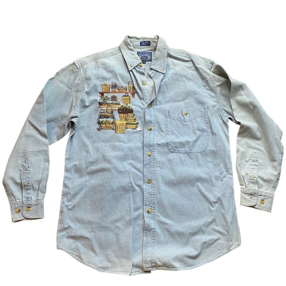 Real Good Denim Shirt Womens M Light Wash Cottagecore Floral Basket Button Up